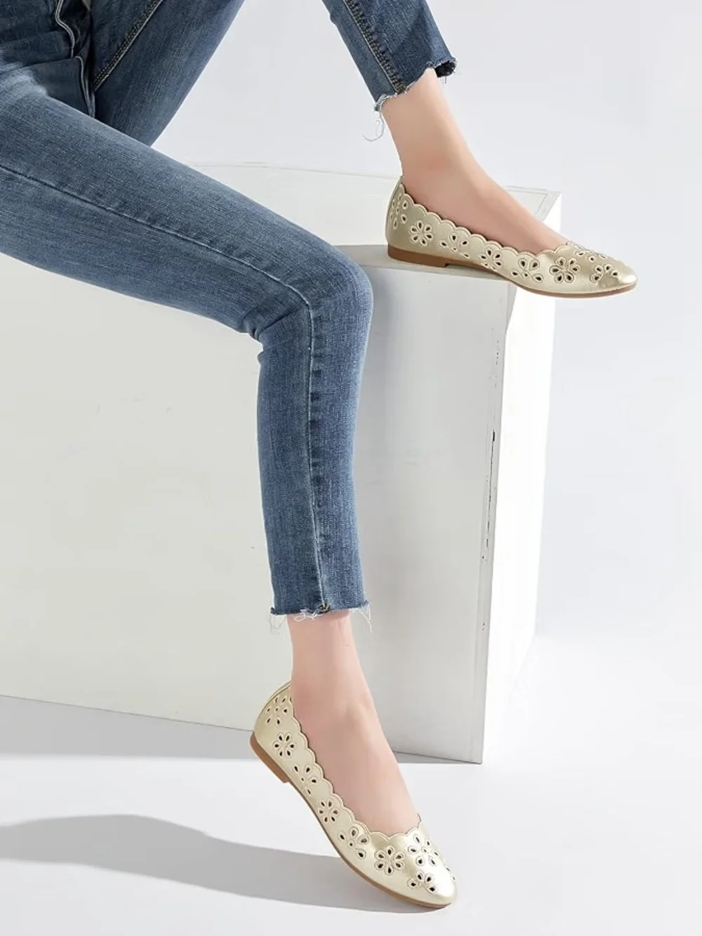 Gold Cream Floral Cutout Women's Ballet Flat
